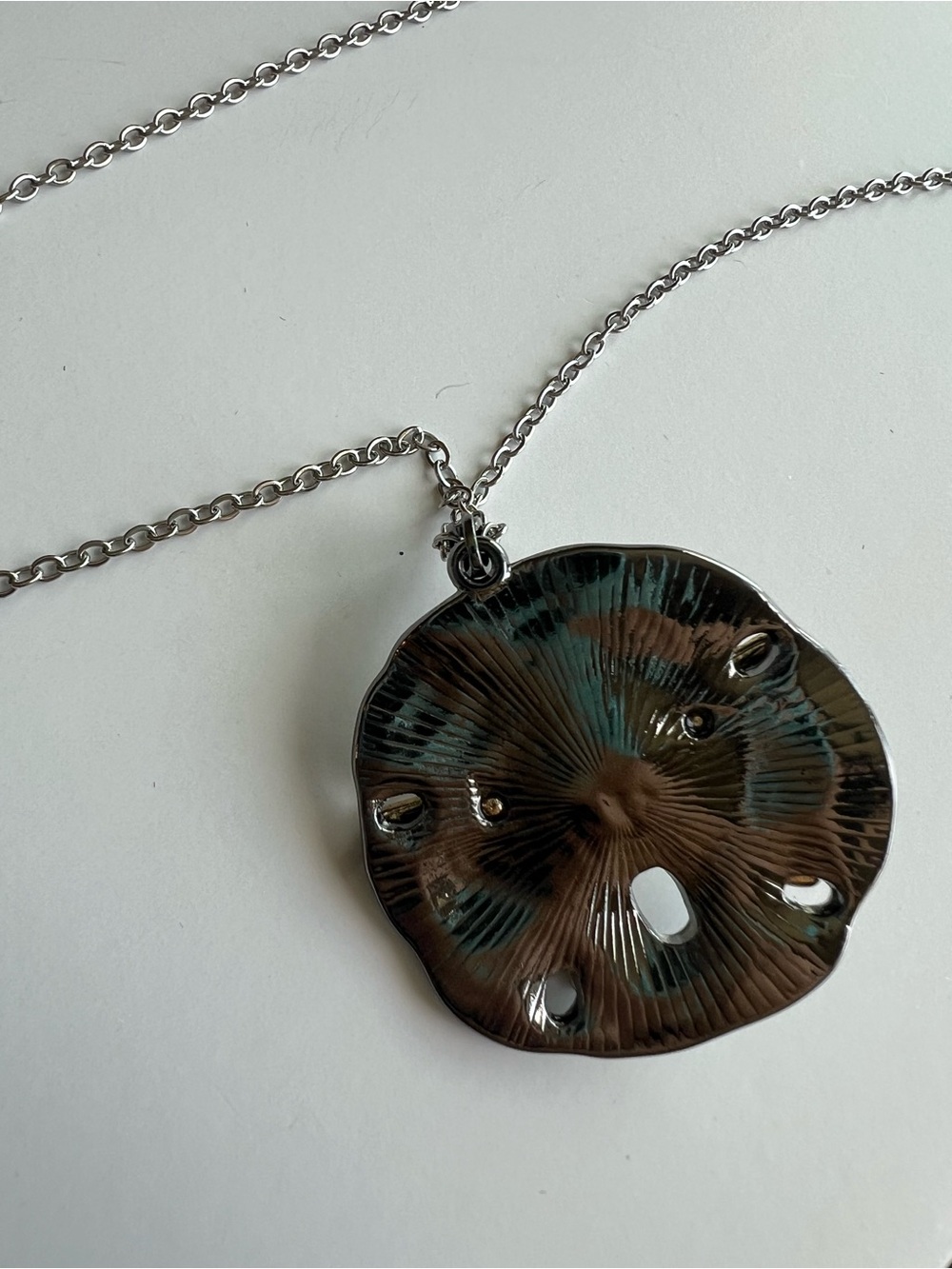 Silver Sand Dollar Necklace with Gold Starfish & Pearl Accent β Handcrafted - Picture 3 of 6